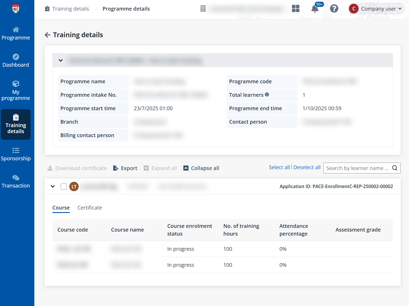 Training details of a specific course
