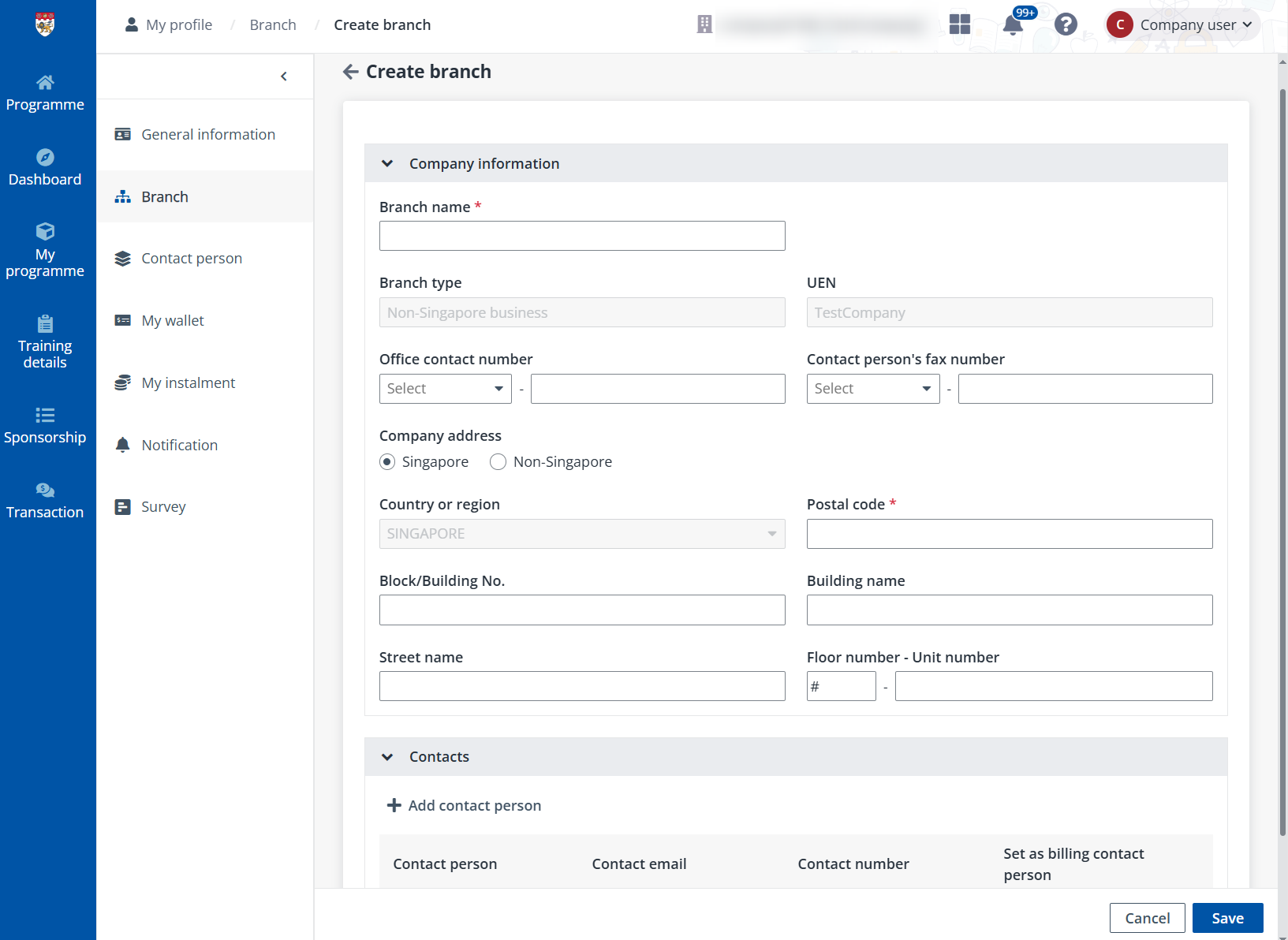 Create branch - Company information. Create branch - Company information.