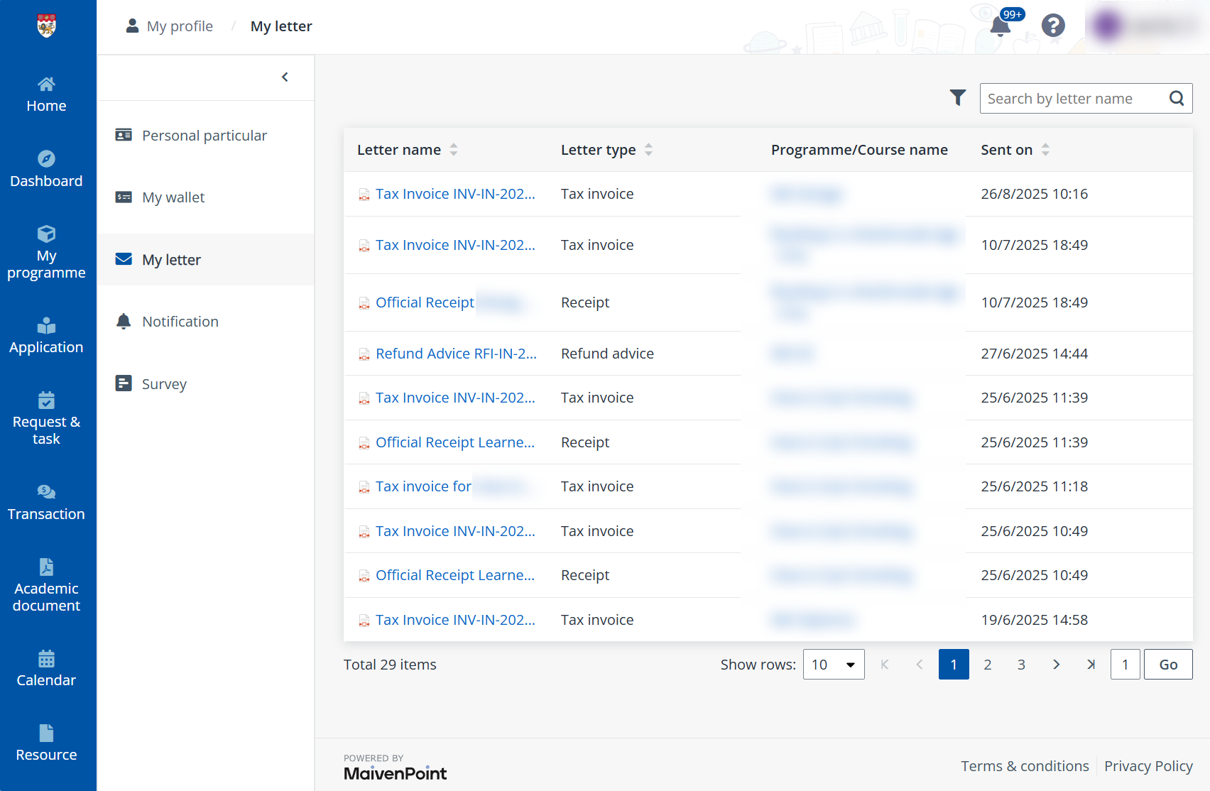 Finance documents in My letter.